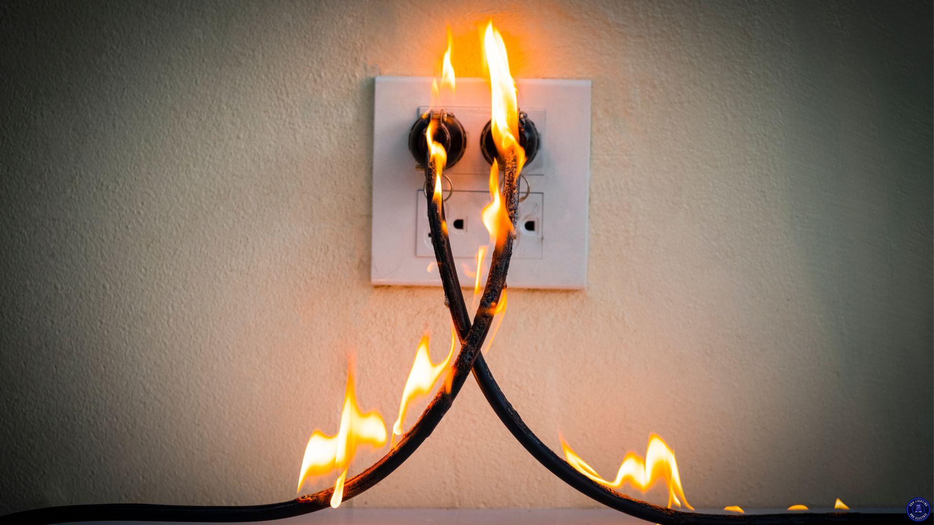 An electrical outlet on fire